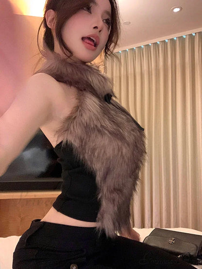 Faux Fur High Collar Sleeveless Trendy Camisole Tank Top With Bow
