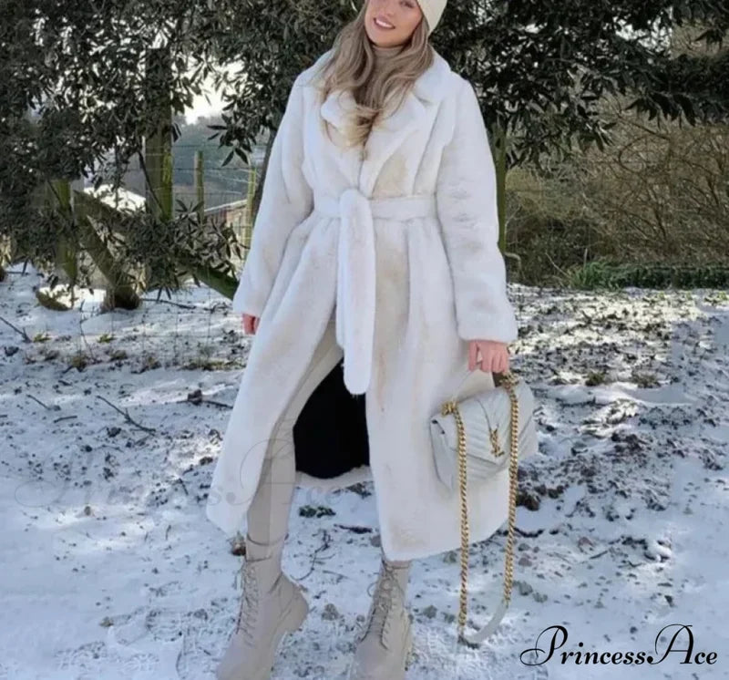 Faux Fur Stylish Long Belted Coat Coats-L