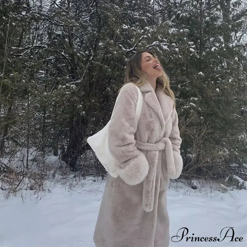 Faux Fur Stylish Long Belted Coat Coats-L