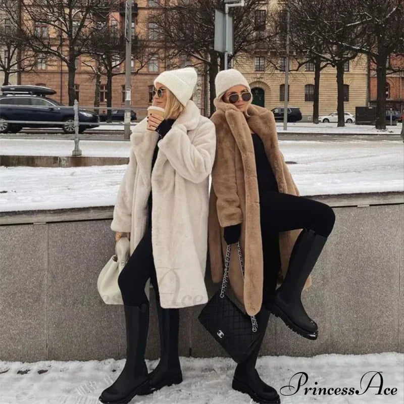 Faux Fur Stylish Long Belted Coat Coats-L