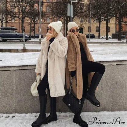 Faux Fur Stylish Long Belted Coat Coats-L