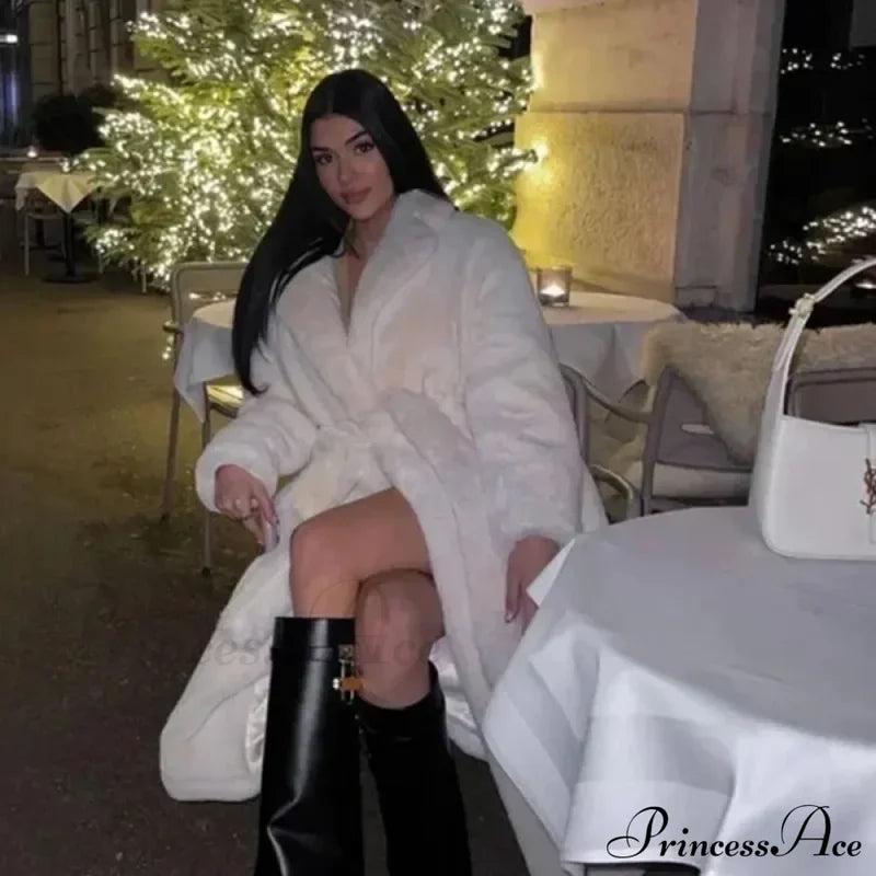 Faux Fur Stylish Long Belted Coat Coats-L