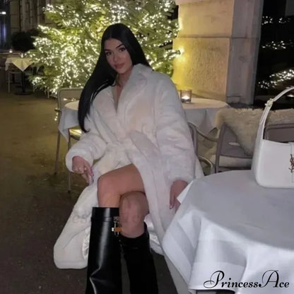 Faux Fur Stylish Long Belted Coat Coats-L