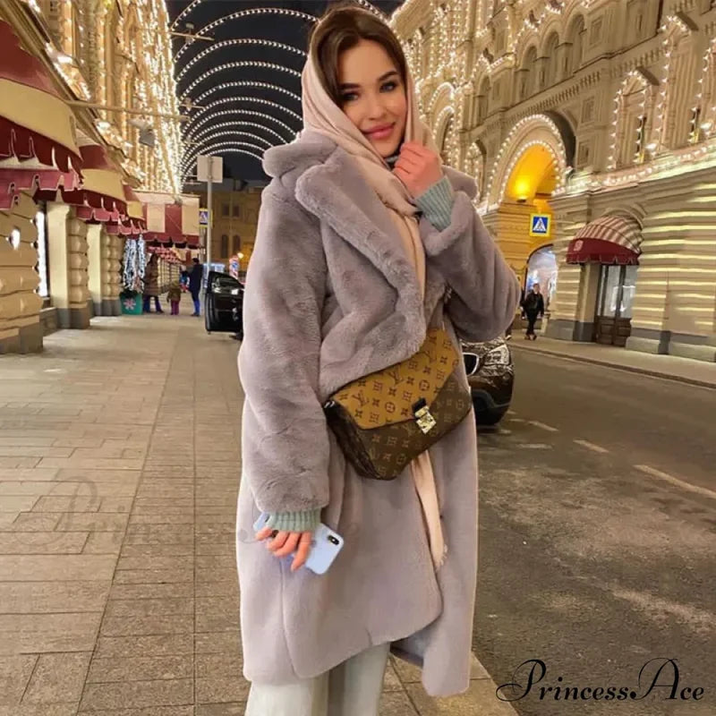 Faux Fur Stylish Long Belted Coat Coats-L