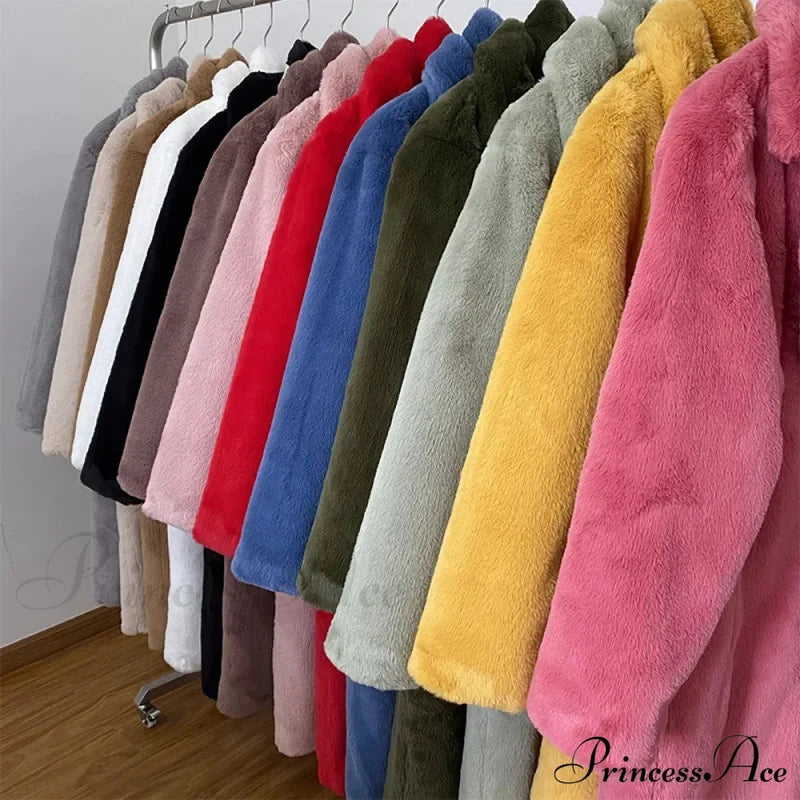 Faux Fur Stylish Long Belted Coat Coats-L