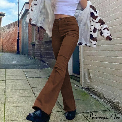 Flared High Black Jeans And In Waist Brown For Khaki Women