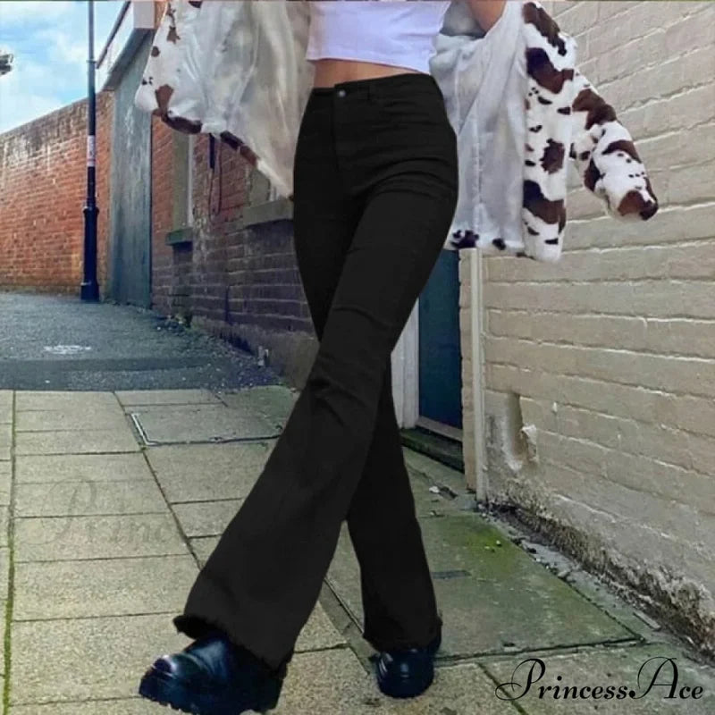 Flared High Black Jeans And In Waist Brown For Khaki Women Jeans / L