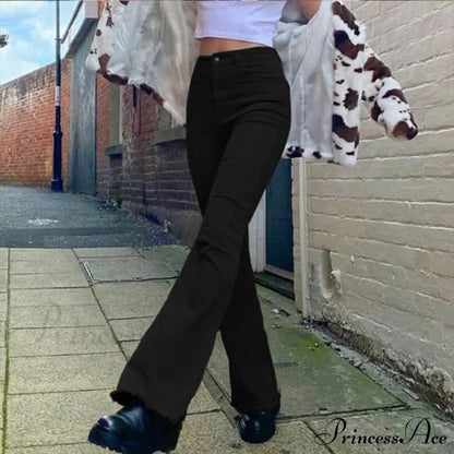 Flared High Black Jeans And In Waist Brown For Khaki Women Jeans / L