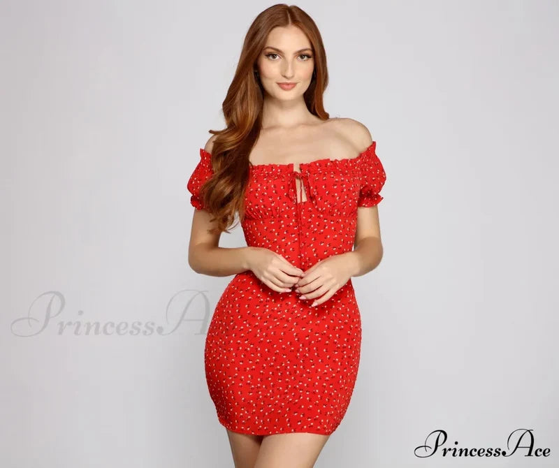 Flirty Vibes Off The Graceful Shoulder Floral Mini Dress Casual Dresses