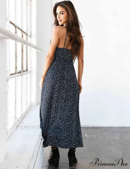 Long V-Neck Ethnic Bohemia Spaghetti Bohemian Coastal Flowered Design Strap Autumn Dress M / Black