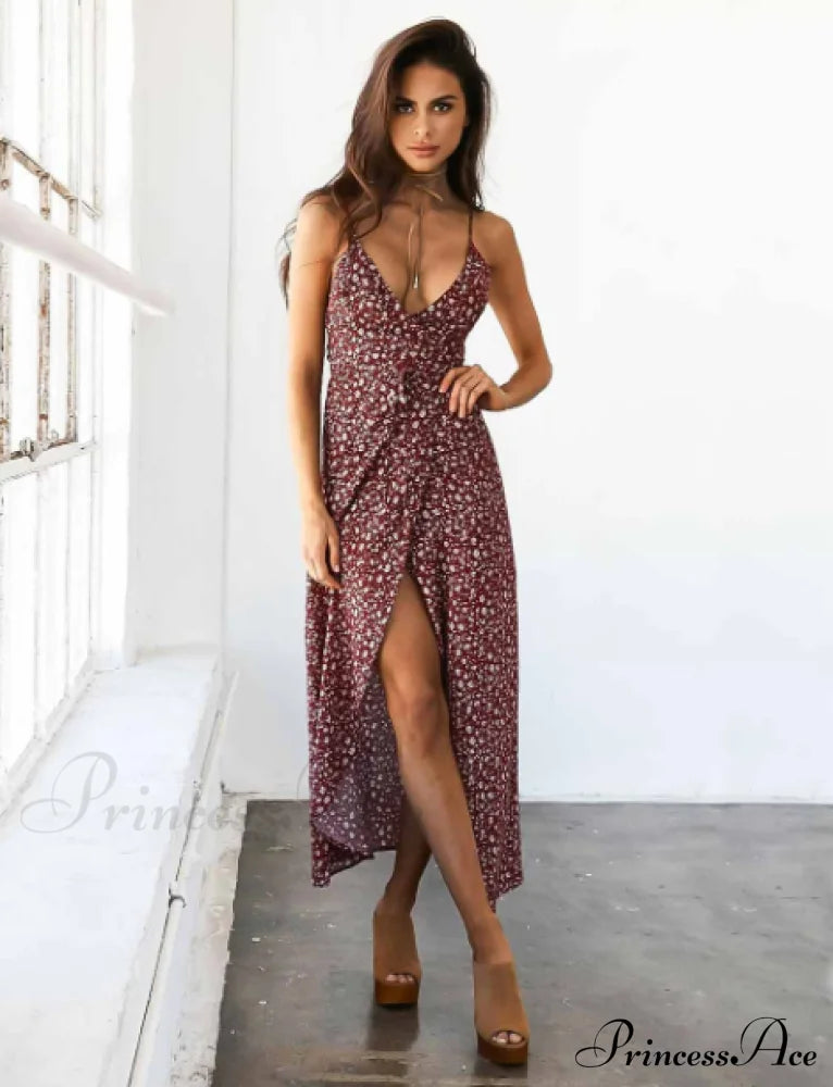 Long V-Neck Ethnic Bohemia Spaghetti Bohemian Coastal Flowered Design Strap Autumn Dress M /