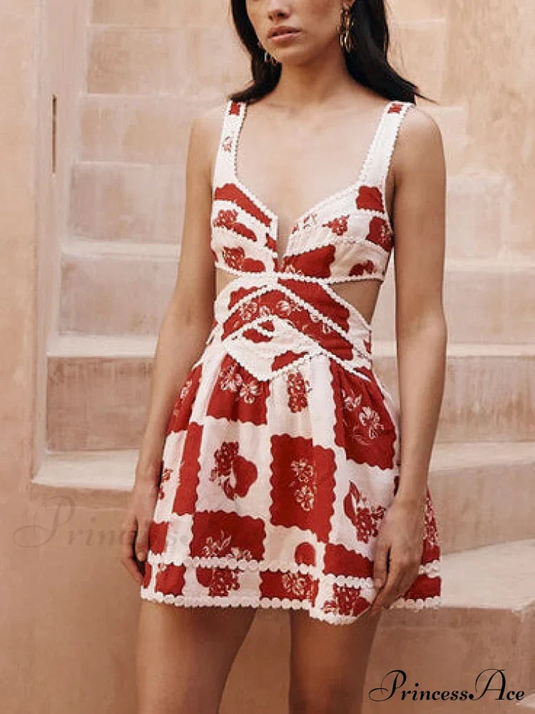 Floral Decorative Unique Print Graceful V-Neck Hollow A-Line Mini Dress Dresses