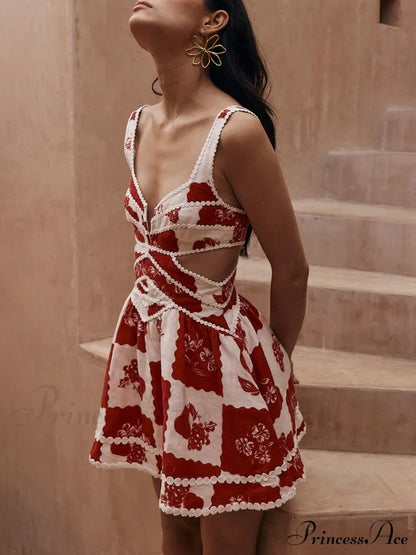 Floral Decorative Unique Print Graceful V-Neck Hollow A-Line Mini Dress Dresses