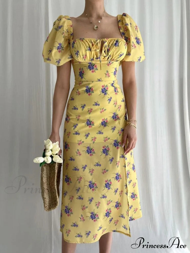Floral Midi Dress With Puffy Sleeves And Slit S / White Red Puffy Sleeve Maxi Dress