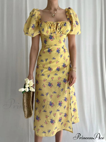 Floral Midi Dress With Puffy Sleeves And Slit S / White Red Puffy Sleeve Maxi Dress