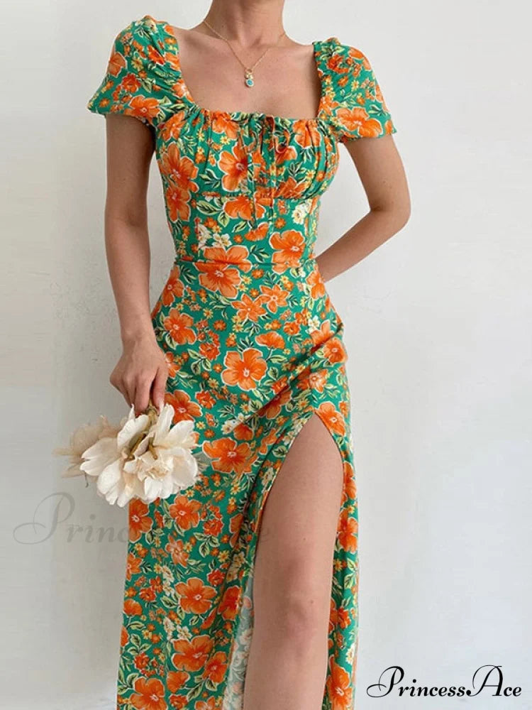 Floral Midi Dress With Puffy Sleeves And Slit S / Green Red Puffy Sleeve Maxi Dress