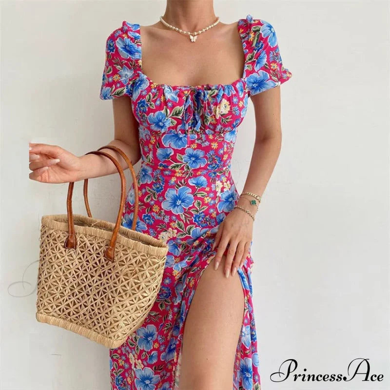 Floral Midi Dress With Puffy Sleeves And Slit S / Yellow Red Puffy Sleeve Maxi Dress