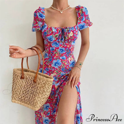 Floral Midi Dress With Puffy Sleeves And Slit S / Yellow Red Puffy Sleeve Maxi Dress