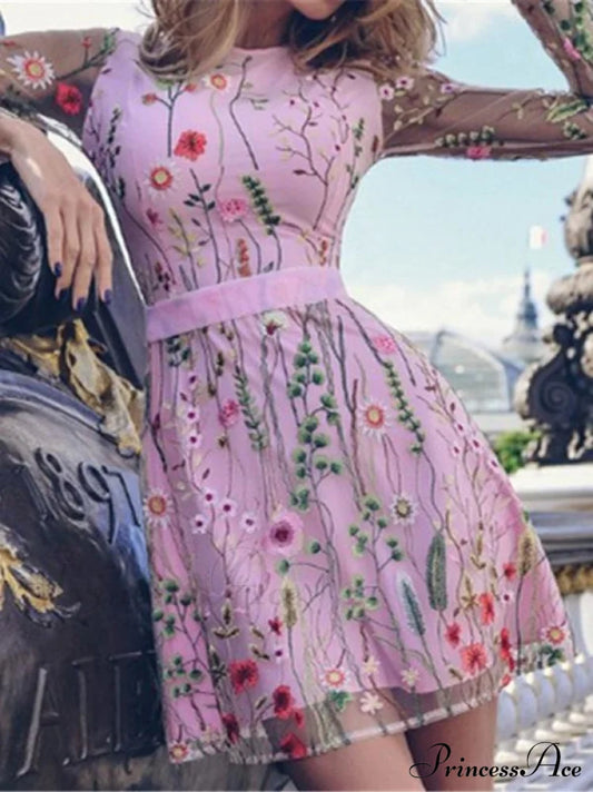 Floral Mini Dress With Long Sleeves S / Pink Dresses