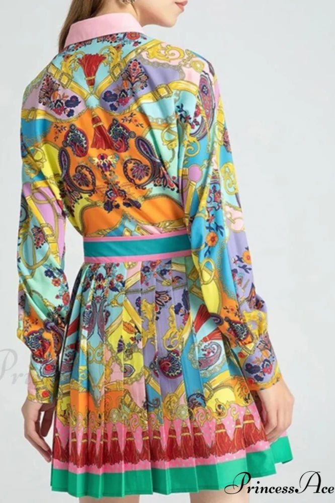 Floral Print Blouse and Pleated Skirt Set