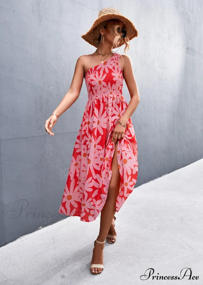 Floral Print Diagonal Shoulder Dress L / White Green