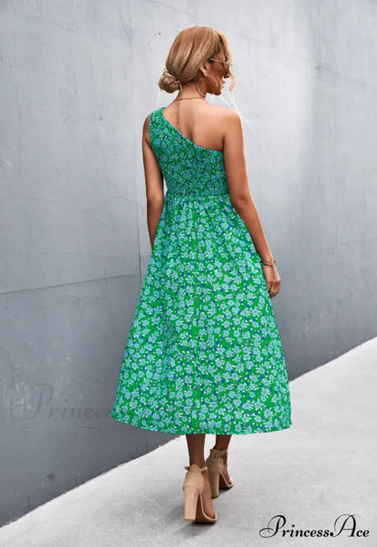 Floral Print Diagonal Shoulder Dress M / Red