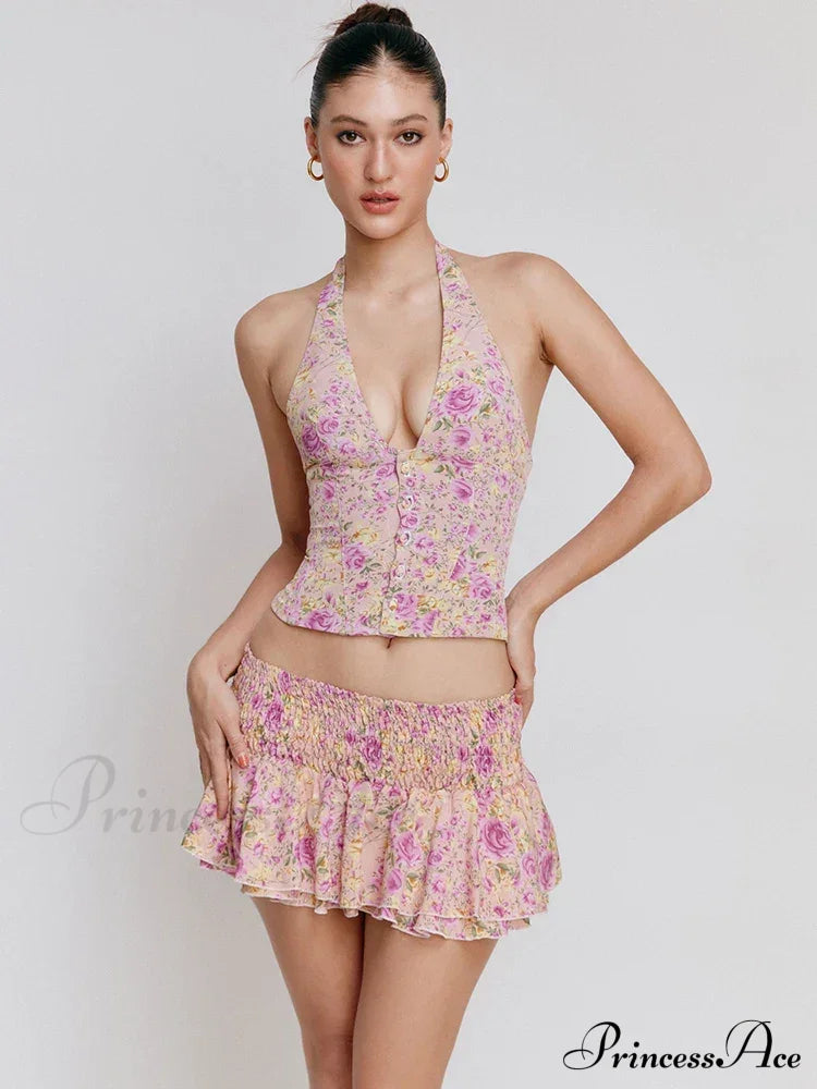 Floral Print Halter Buttoned Graceful Top And Mini Skirt Set