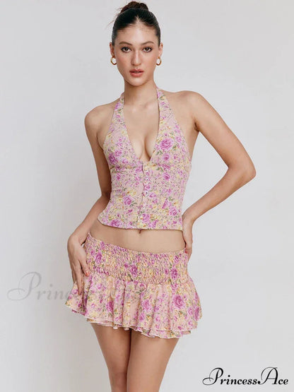 Floral Print Halter Buttoned Graceful Top And Mini Skirt Set