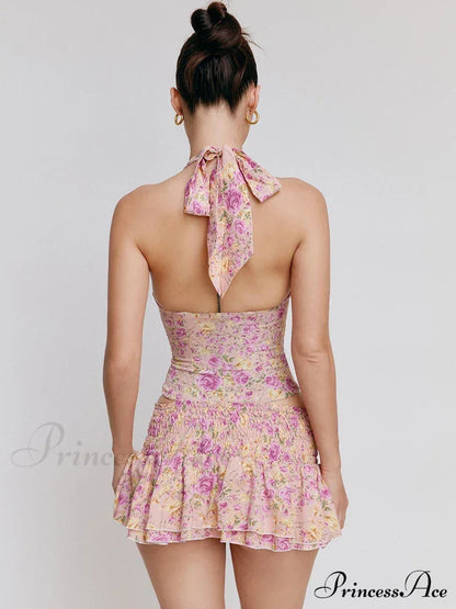 Floral Print Halter Buttoned Graceful Top And Mini Skirt Set