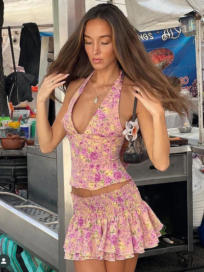 Floral Print Halter Buttoned Graceful Top And Mini Skirt Set