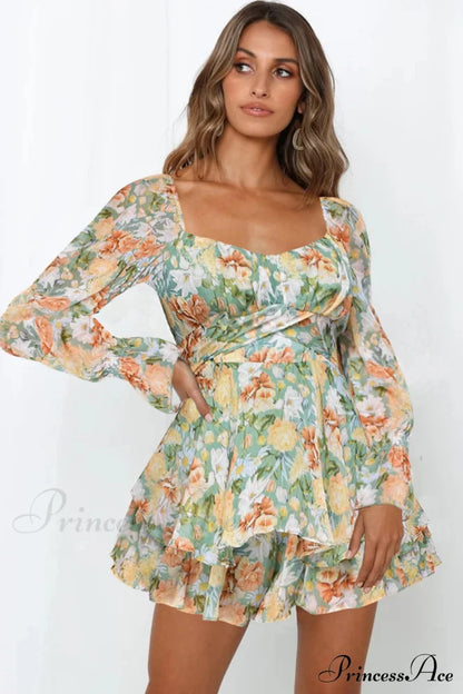 Floral Print Long Sleeve Ruffled Skirt Trousers Green / L Rompers