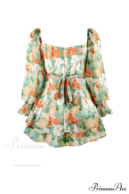 Floral Print Long Sleeve Ruffled Skirt Trousers Rompers