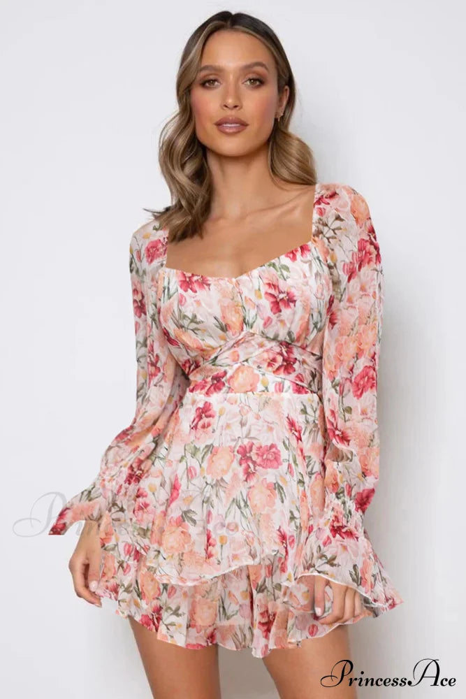 Floral Print Long Sleeve Ruffled Skirt Trousers Pink / S Rompers
