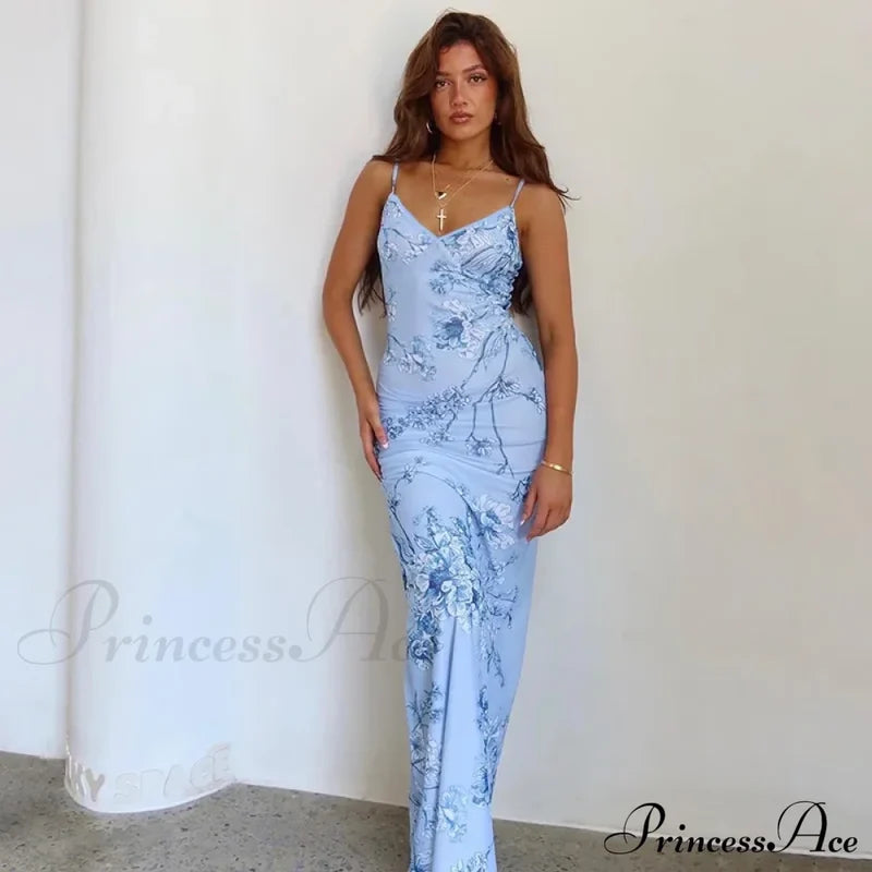 Floral Print Suspender V-Neck Maxi 2024 Chic Female Beach Party Club Bodycon Dress Blue / S