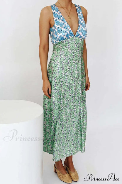 Floral Print V Neck Dress With Contrast Detail And Tie-Back Blue Green / L Midi Dresses