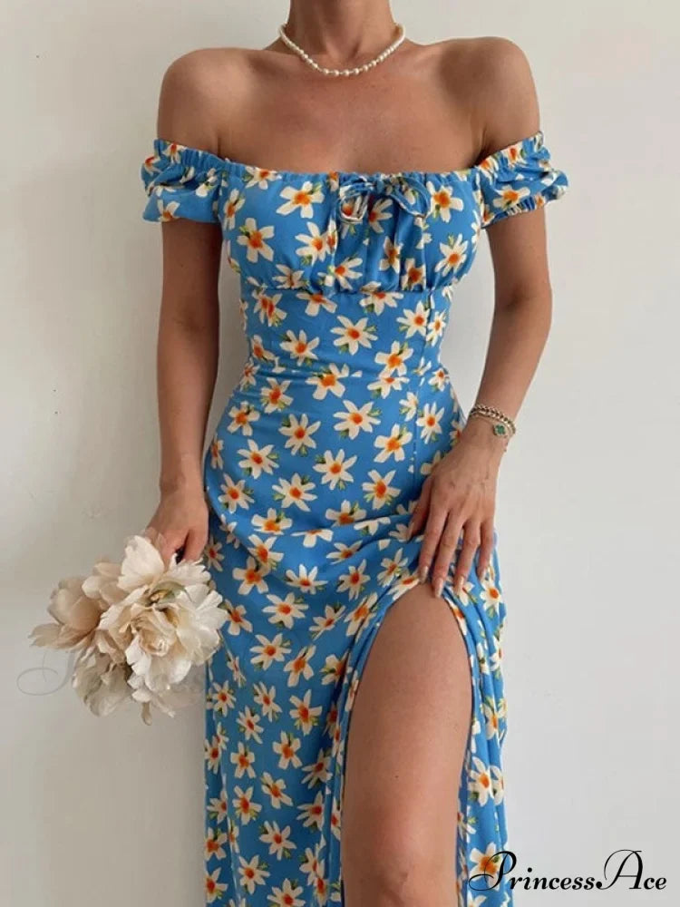 Floral Slit Midi Dress With Off The Shoulder Design S / Blue Off The Shoulder Slit Dress