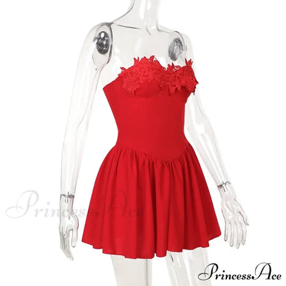 Flower Embroidery Stylish Strapless Mini Dress Lace Dresses