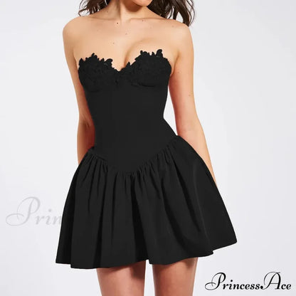 Flower Embroidery Stylish Strapless Mini Dress Lace Dresses