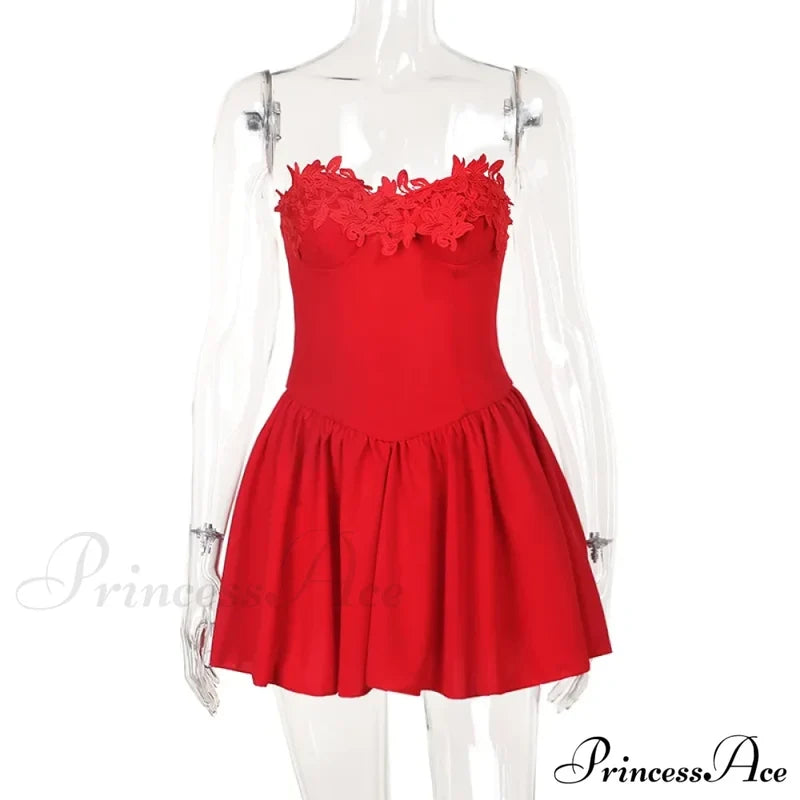 Flower Embroidery Stylish Strapless Mini Dress Lace Dresses