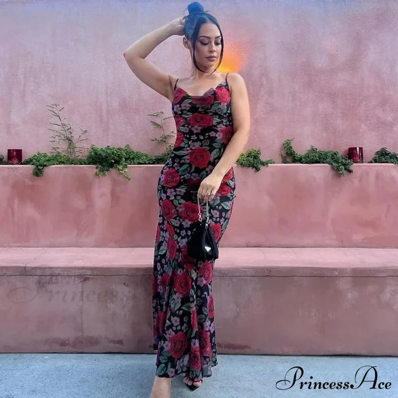 Flower Print Mesh Charming Slip Maxi Dress