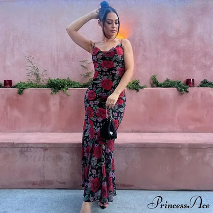 Flower Print Mesh Charming Slip Maxi Dress