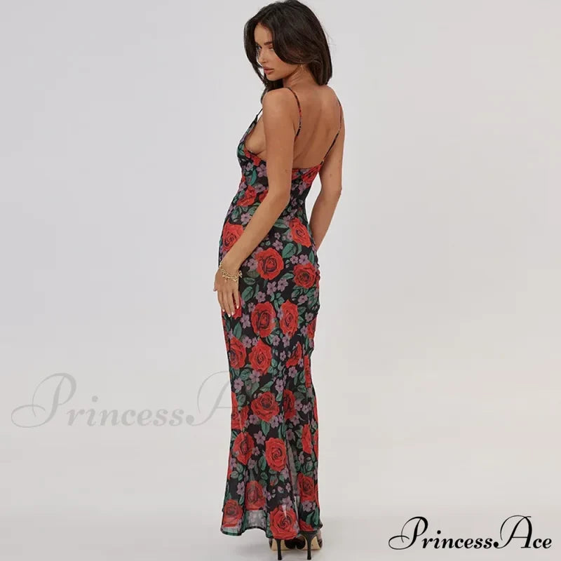Flower Print Mesh Charming Slip Maxi Dress