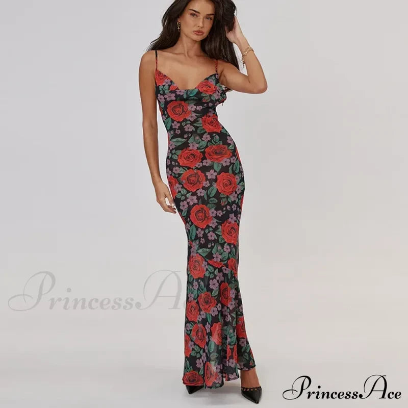 Flower Print Mesh Charming Slip Maxi Dress