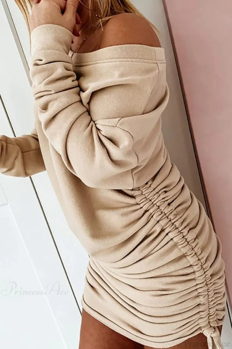 Gathering Dress With Drop Shoulder And Drawstring Khaki / Xl Mini Dresses