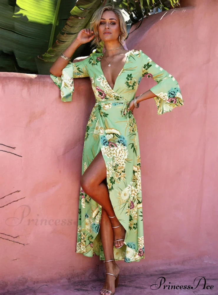 Gown Flowered For Neck Design Full-Length Vintage Warm-Season V Women S / Green Dresses