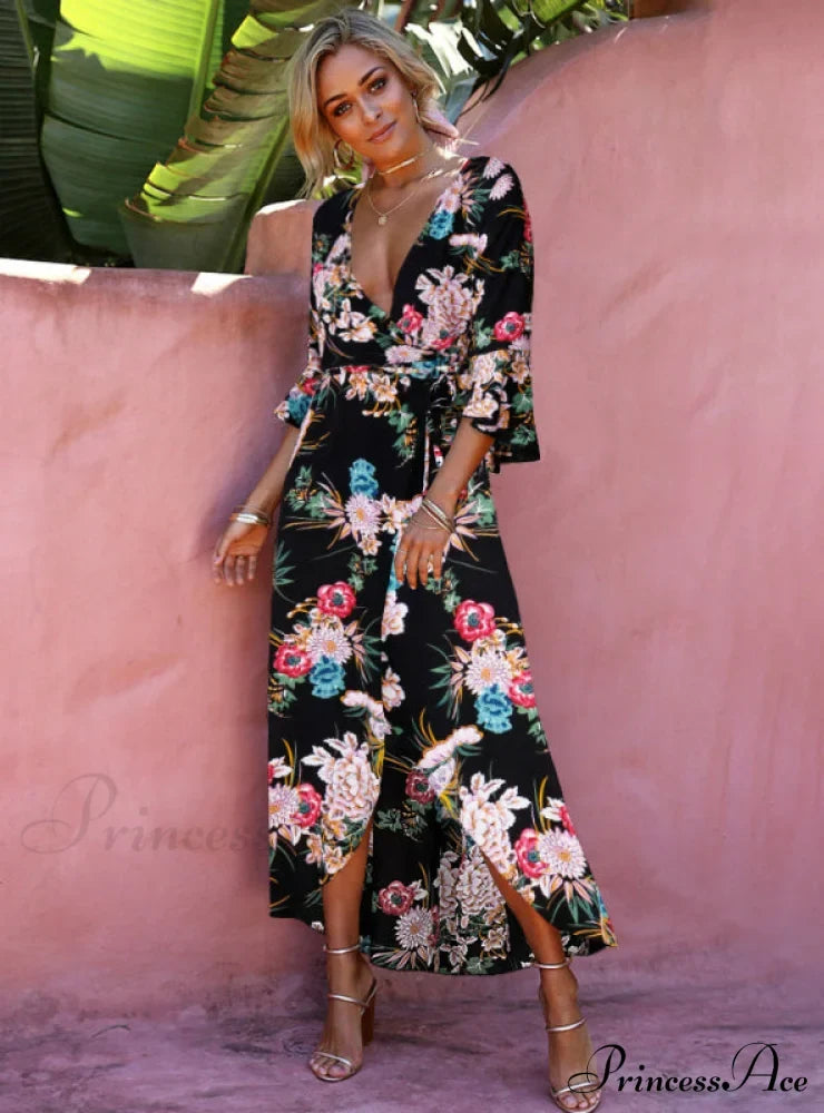 Gown Flowered For Neck Design Full-Length Vintage Warm-Season V Women S / Khaki Dresses