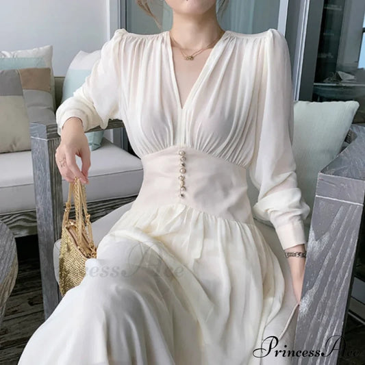 Gown Midi Elegant Arm Long Solid V-Neck For Women