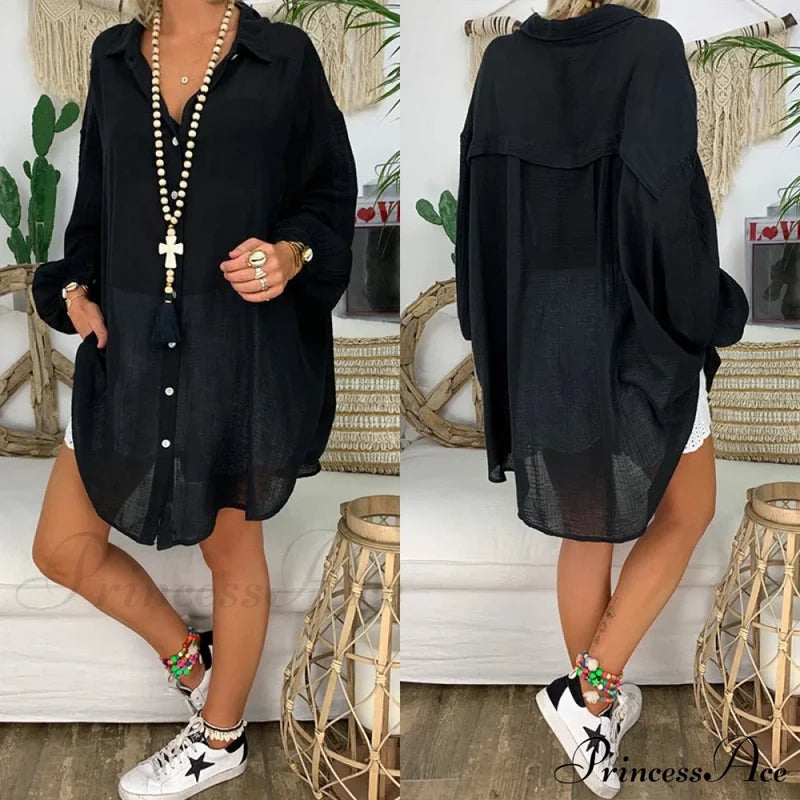 Gown Office Robe Linen Lapel Lady Long Vestidos Blouse Cotton Tunic Casual Women Solid Work Blouses