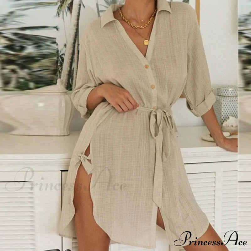 Gown Office Robe Linen Lapel Lady Long Vestidos Blouse Cotton Tunic Casual Women Solid Work Blouses
