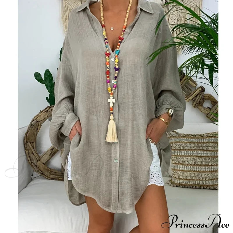 Gown Office Robe Linen Lapel Lady Long Vestidos Blouse Cotton Tunic Casual Women Solid Work Blouses
